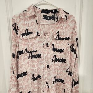 Pink and Black Amor Print Button-Up Shirt